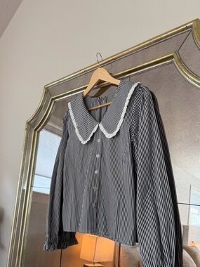 Striped Black & White Button-Up Blouse with Peter Pan Collar